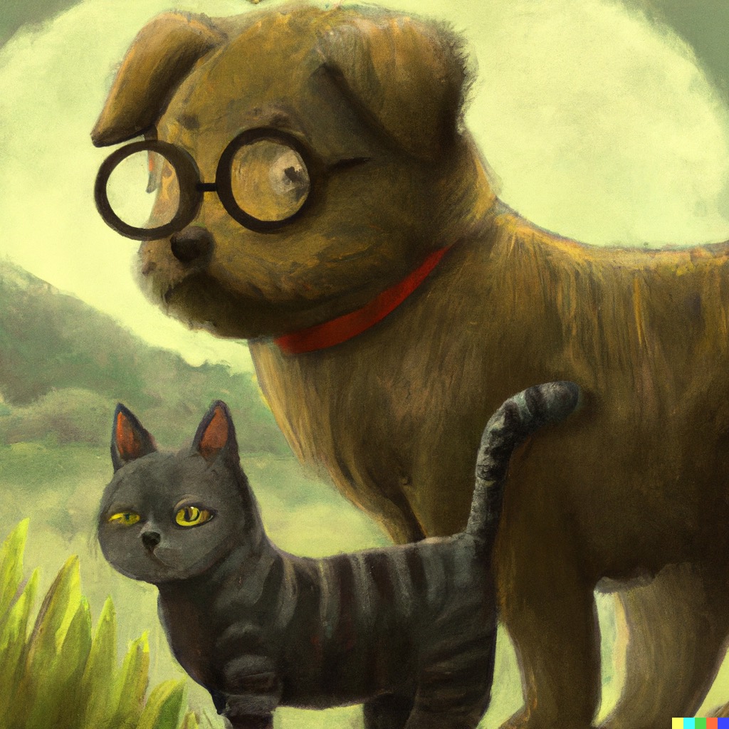 Dall-E prompt, &ldquo;An odd couple pairing of a cat and a dog. Hayao Miyazaki style, digital painting&rdquo;