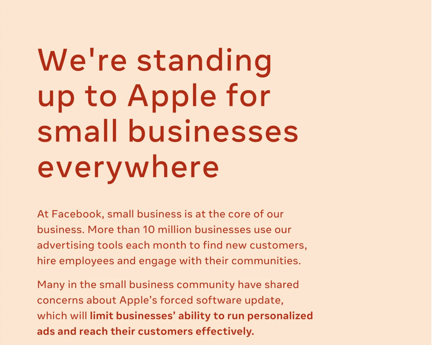 We&rsquo;re standing up for small businesses everywhere | Facebook ad in the New York Times