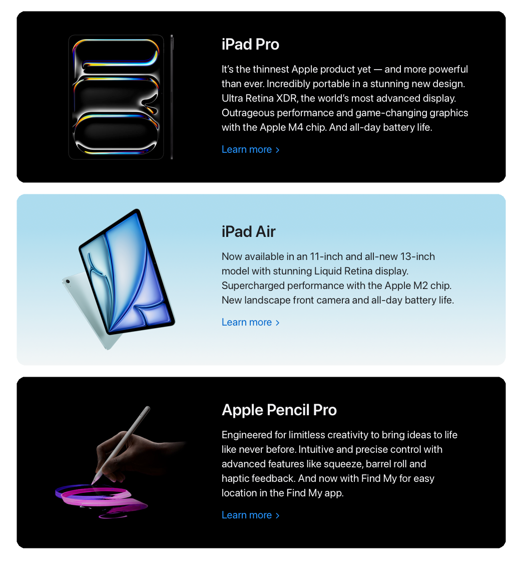 Apple summarizes it's three new products in a stacked card style. On top, the iPad Pro, then the iPad Air, and finally the Apple Pencil Pro. Each card provides the marketing highlights for the product and "Learn more >" call to action.