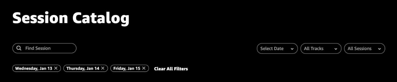 Session catalog filters for the second part of AWS re:Invent