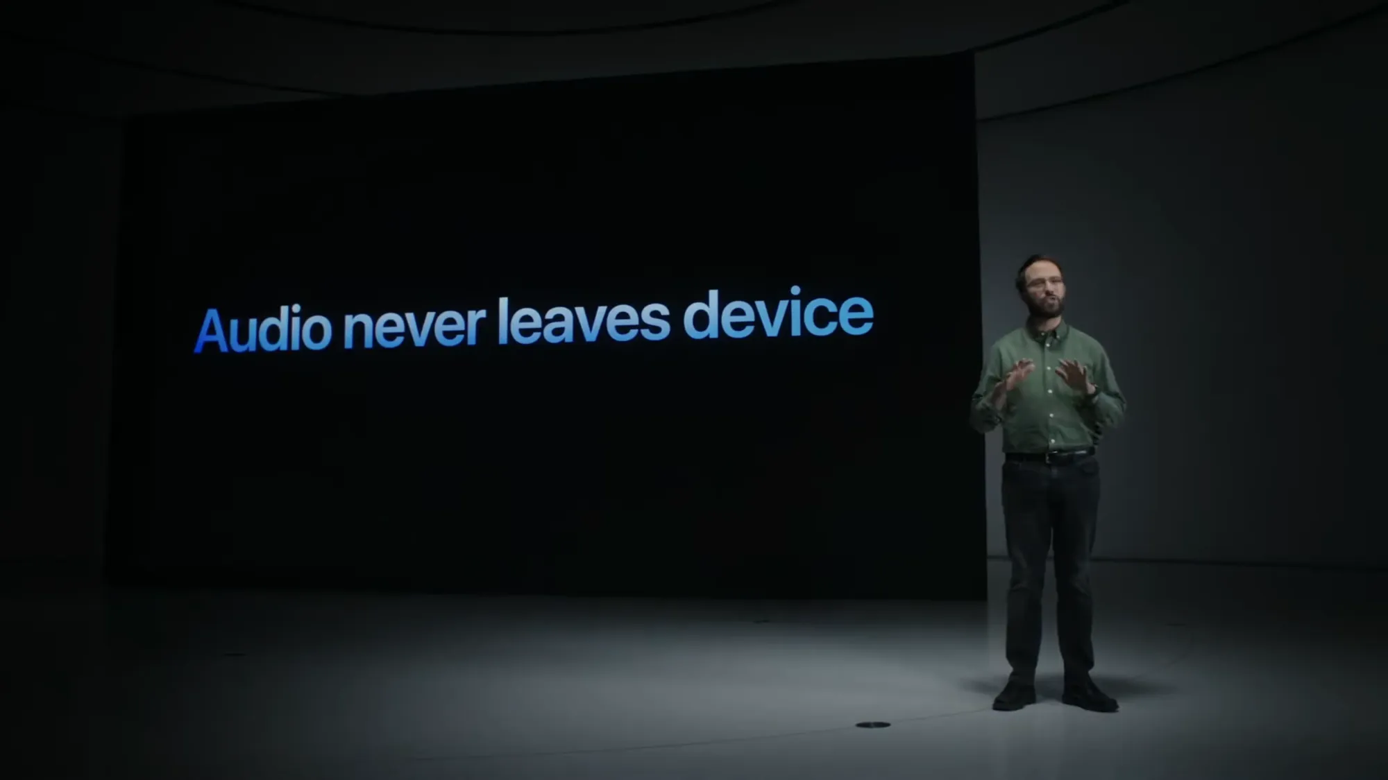 "Audio never leaves the device", slide from the keynote presentation